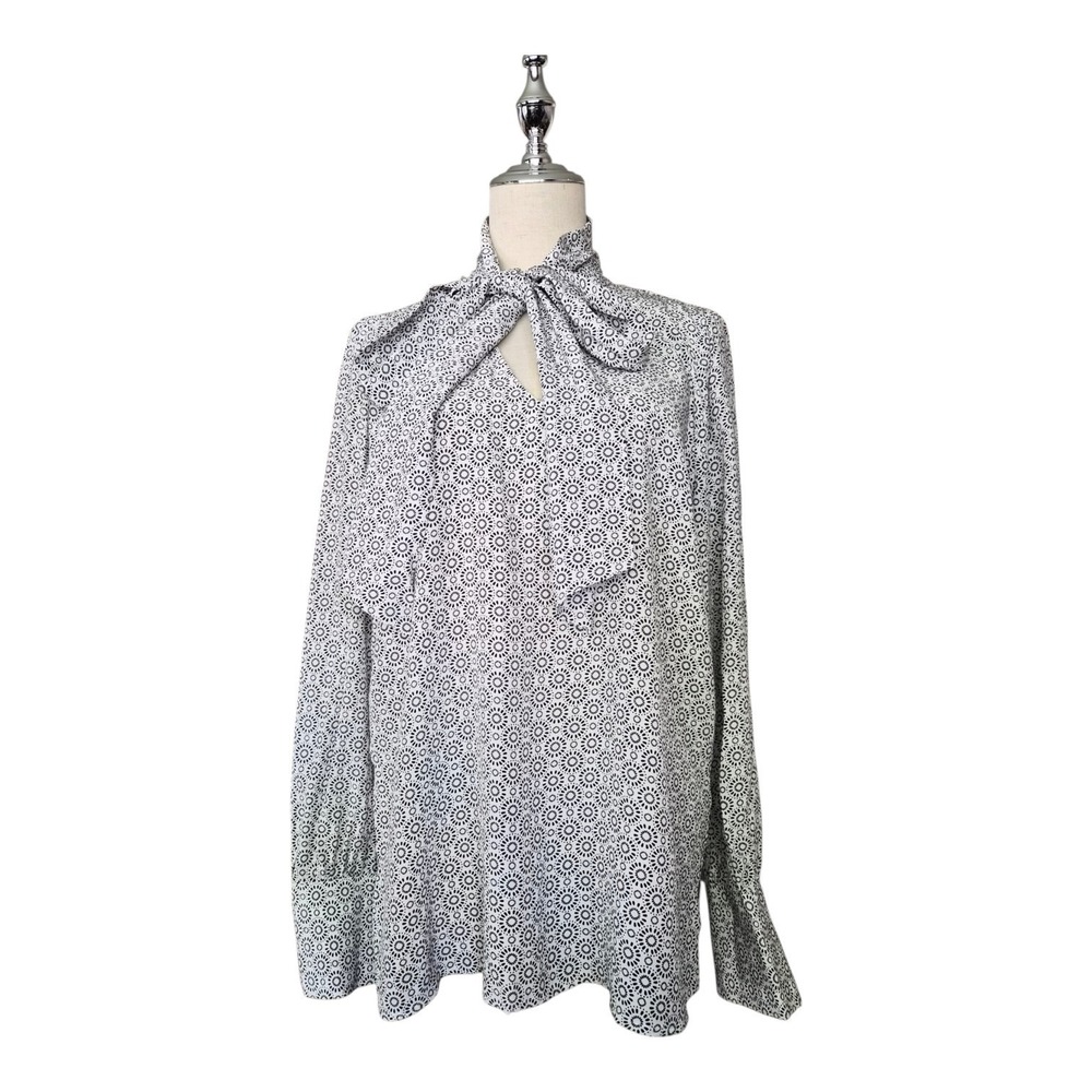Sussan Blouse Size 10 Black White Floral Tie Neck Boho 100% Viscose